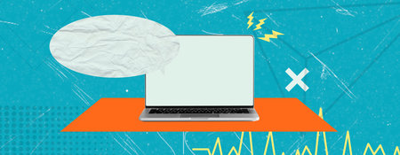 Laptop placed on an orange surface against a vibrant blue background features abstract shapes and...
