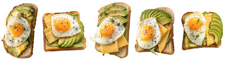 Fresh slices of avocado, sunny side up eggs, and cheese are arranged on toasted bread, showing a...