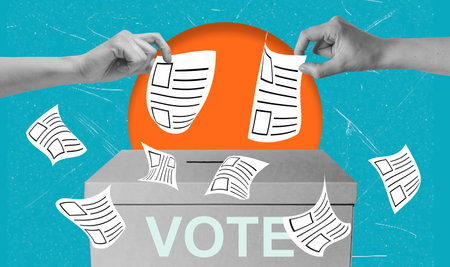 Hands are shown placing ballots into a ballot box against a bright blue background. This dynamic...