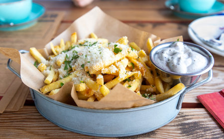 A basket filled with golden crispy French fries is generously topped with herbs and cheese,...