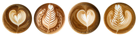 Four cups of latte display beautiful heart and fern designs made with steamed milk and espresso, highlighting the skill of the barista. The warm tones invite appreciation for coffee artistry.の写真素材