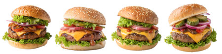 Juicy hamburgers lined up in a row, garnished with bright green lettuce, sliced onions, tomatoes, pickled cucumbers, and processed cheese, whet the appetite.の写真素材
