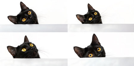 A curious black cat peers over an edge, its bright yellow eyes focused on something intriguing. The simple backdrop enhances the cat's striking features, creating a captivating moment.の写真素材