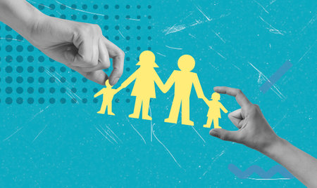 Hands hold gently yellow silhouettes of a family, depicting a parent and two children. The vibrant blue background features abstract shapes, enhancing the theme of unity.の写真素材
