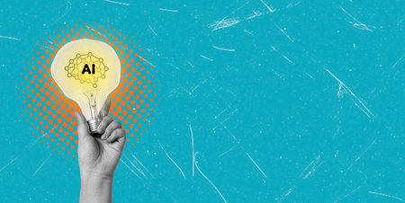 A hand raises a light bulb with an AI design, symbolizing innovation and technology. The bright bulb...