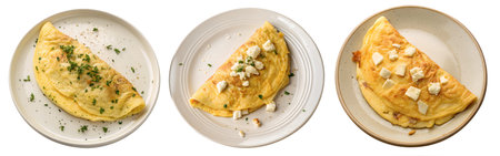 Three omelets are displayed on plain plates, each featuring distinct fillings. The first has herbs,...