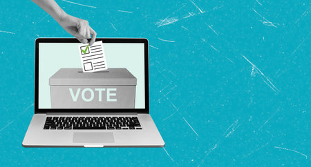 Art collage, A hand is inserting a ballot with a checkmark into a virtual voting box displayed on a...
