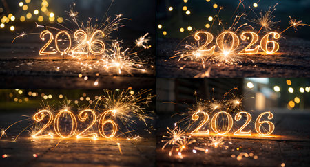 Sparkling numbers create the year 2026 amidst bright fireworks during a night celebration. The...