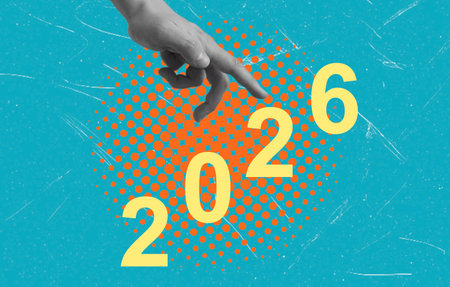 A hand extends toward the bold numbers 2026 against a vibrant turquoise background. This visual suggests anticipation and forward-thinking for the upcoming year.の写真素材