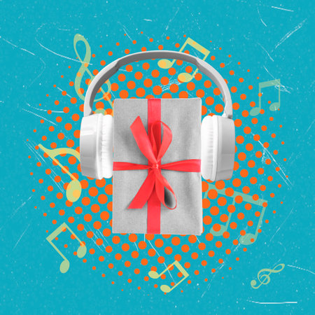 A gift box wrapped in gray paper with a red ribbon sits in the center. White headphones encircle the box, surrounded by colorful music notes on a bright blue background.の写真素材