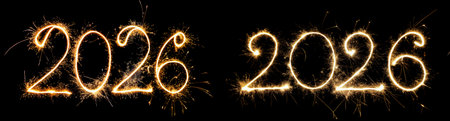 Fireworks light up the sky, and the number 2026 shines brightly, symbolizing the arrival of the New Year. Joyful celebrations fill the air with excitement and hope.の写真素材