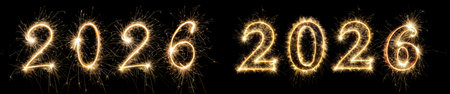 Sparklers create the shape of the year 2026, illuminating the space with a warm glow. This display captures the festive spirit of New Year celebrations, inviting joy and excitement.の写真素材