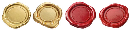 Two gold sealing wax discs and two red sealing wax discs are displayed, ideal for crafting elegant seals on letters or invitations, adding a classic touch to correspondence.の写真素材