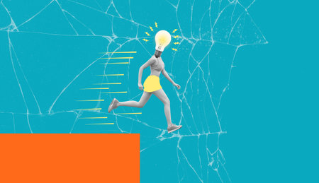 A person is depicted running with a light bulb for a head, representing ideas and inspiration. The...
