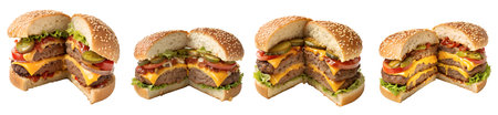 Four appetizing hamburgers with layers of beef patties, processed cheese, lettuce, tomatoes, pickled cucumbers, and sauces on a white background.の写真素材