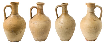 A collection of four ceramic jugs sits side by side, highlighting variations in shape and size. Each...