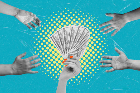 A hand displays bundles of cash while multiple hands reach out eagerly for the money, signifying ambition and the pursuit of wealth. The bright blue and yellow background enhances the scene's energy.の写真素材