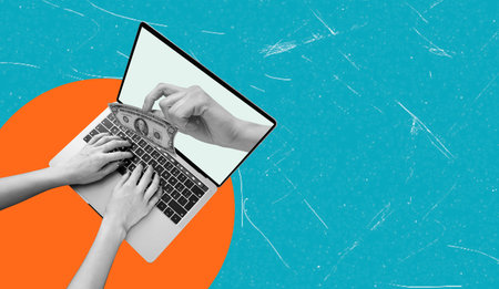 Art collage, A person types on a laptop keyboard as dollar bills appear to be pulled from the screen, illustrating the concept of digital transactions and online money transfer.の写真素材