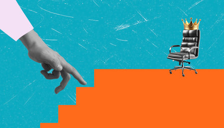 A hand points towards a black office chair adorned with a crown, positioned at the top of orange steps against a vivid blue background, symbolizing ambition and leadership.の写真素材