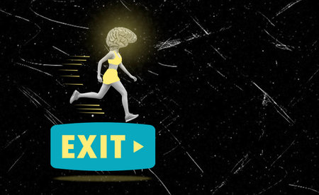 Art collage, A person in a yellow outfit is jogging towards a glowing exit sign in a dark setting....