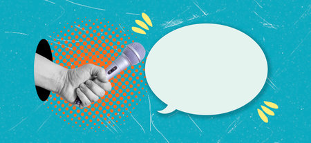 A hand is gripping a microphone, ready to speak, set against a vibrant turquoise background. A speech bubble is included for adding text or captions. Perfect for presentations or discussions.の写真素材