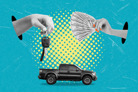 Hands exchange a set of keys for a black truck and a stack of cash in a bright, graphic background....