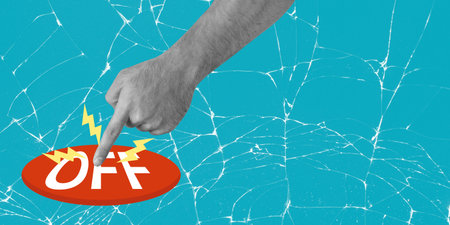 A hand with a light skin tone presses a large red button that says off. The background is a blue...