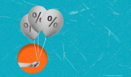 A hand holds three gray balls with percentage symbols rising above an orange circle. The scene is...