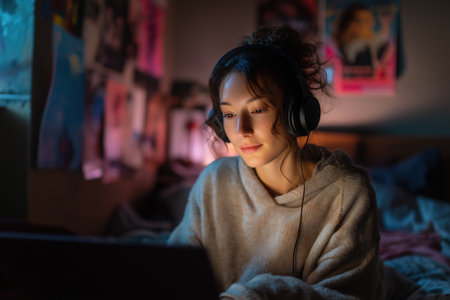 A young woman in a cozy sweater listens to music with headphones while studying on her laptop in her softly lit bedroom decorated with posters.の素材