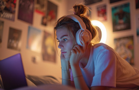 A young woman relaxes in her cozy bedroom, wearing headphones and focused on her laptop. Soft lighting creates a warm atmosphere as she enjoys her evening routine.の素材