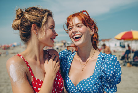 Friends share a joyful moment at the beach, laughing and smiling under the sun while wearing vibrant polka dot swimsuits. The sandy shore and colorful umbrellas can be seen in the background.の素材