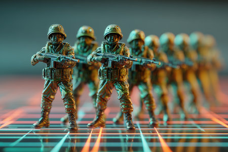Small toy soldiers are lined up on a grid pattern surface, holding guns. The scene focuses on their detailed features. Lighting enhances the colors and shapes of the environment.の素材