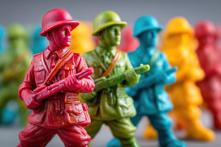 A group of colorful toy soldiers stands in a row. Each figure is dressed in military gear and holds a weapon. The scene shows the soldiers ready for imaginative adventures.の素材