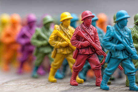 Toy soldiers of various colors are lined up on a wooden surface. They are in different poses, resembling a military formation. The scene is set during daylight.の素材
