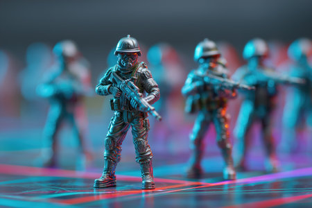 Small toy soldiers are positioned on a bright, colorful surface. Each figure holds a weapon and stands at attention. Some figures are slightly blurred in the background.の素材