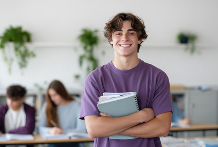A student stands in the classroom, holding notebooks and smiling. Friends are focused on their work in the background, creating a lively study atmosphere.の素材