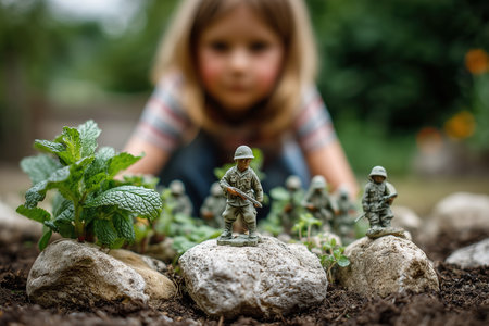 A child is focused on a group of toy soldiers positioned among rocks and greenery in a garden. The child reaches out to interact with the toys while enjoying a sunny day.の素材
