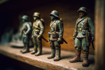 A group of old toy soldiers stands neatly lined up on a wooden shelf. The figures display worn details, showcasing their battle-ready poses. Dust covers some of the soldiers.の素材