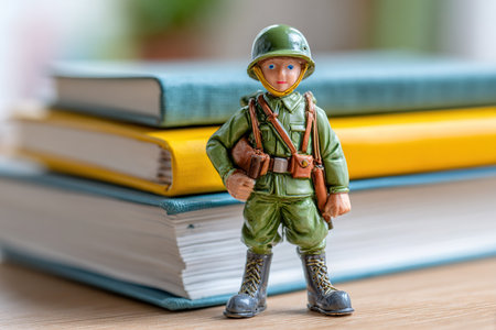 A toy soldier in military uniform stands on a wooden table next to stacks of books with colorful covers. The indoor light creates a bright setting for this scene.の素材