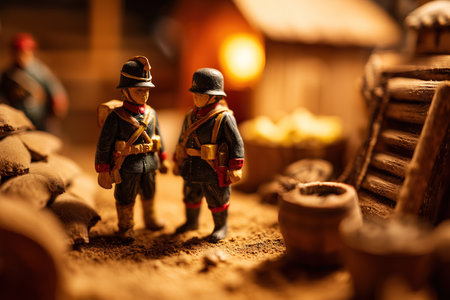 Two small toy soldiers stand together at a model military camp. They chat near sandbags and wooden structures as light glows in the background.の素材