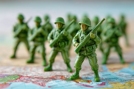 Green toy soldiers are positioned on a colorful map. They are arranged to represent a military exercise involving strategy and planning. Focus is on the soldiers holding rifles.の素材