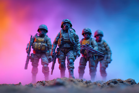 Four action figures of soldiers stand in a line against a bright foggy background. Each figure holds a weapon and wears gear. They are ready to appear for an adventure.の素材