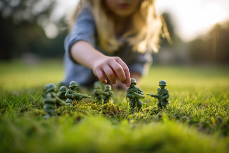 A child places toy soldier figures on the grass in a park. The sun sets in the background, creating a warm atmosphere. Green grass surrounds the scene with trees nearby.の素材
