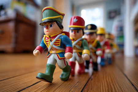 A group of toy soldiers walks in a line across a wooden floor inside a home. The room has natural light and colorful shelves in the background.の素材