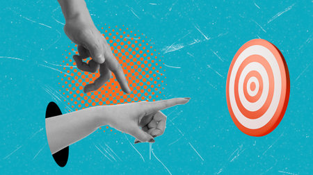 Two hands point at a circular target placed on a blue background. The scene showcases a creative exploration of shapes and colors in an abstract style.の写真素材