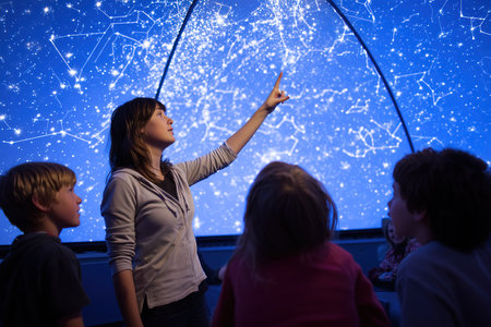A teacher shows children constellations in a planetarium. The kids watch and point at the stars on the large screen. It is a memorable field trip.の素材