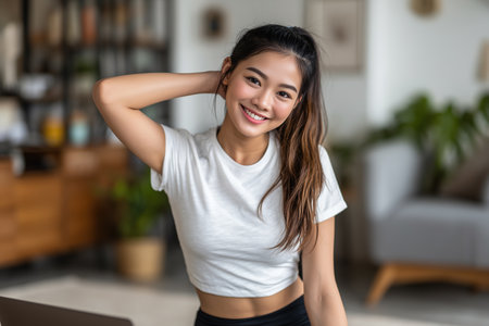 A woman with long hair sits in a modern space, smiling and looking at the camera. The room has plants and furniture that suggest a casual setting.の素材