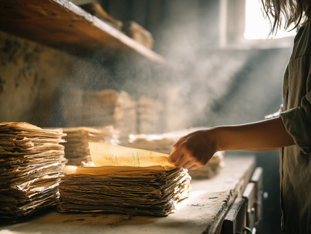 A person is looking through stacks of old papers in a room filled with dust and sunlight. The atmosphere shows a quiet moment of organization and discovery.の素材
