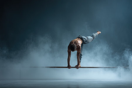 A man balances on a wooden bar using his hands while performing a trick. The setting is dark with smoke around him, making the moment dramatic.の素材