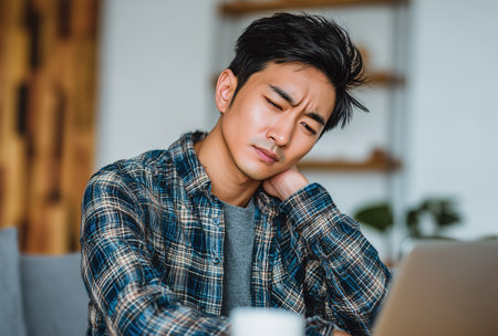 A young man sits at a table in a home office. He looks stressed, rubbing his neck focusing while on his laptop. A cup is placed beside him.の素材